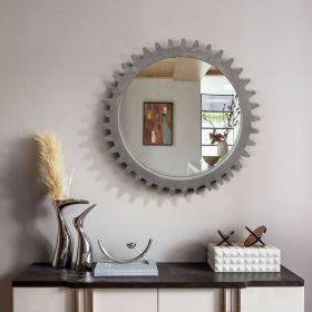 Vintage 34'' x 34'' Wood Round Hanging Gear Shape Heavy Decorative Mirror For Bathroom Living Room Entryway Or Put Together To Your Liking(Antiqu