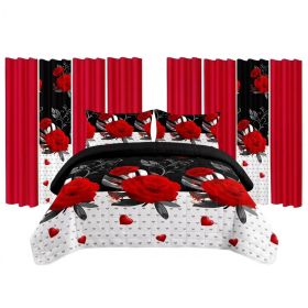 9 Piece Room In A Bag Quilt And Curtain Set, US Designer Romantic Red Rose Print Heavyweight Bedspread With 6 Customizable Window Panels, Pet-Fri (Option: Queen)