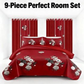 9-Piece Burgundy Red Floral Bedding & Curtain Combo Set, Vibrant Crimson Quilted Bedspread with 6 Light Filtering Window Panels & 2 Shams, Easy C (Option: Burgundy / Crimson Red Floral-CAL KING)