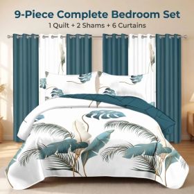 9 Piece Tropical Palm Leaf Quilt Set With 6 Independent Curtains, Heavyweight High-GSM Bedspread And Light Filtering Window Drapes Bundle, Teal B (Option: Tropical Palm Leaf-QUEEN)