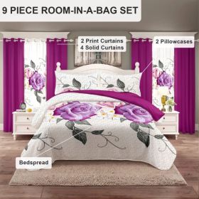 9-Piece Purple Rose Bedding & Curtain Set (Queen/King/Cal King) - Quilted Microfiber Bedspread + Sheer Curtains (Option: pink rose-KING)