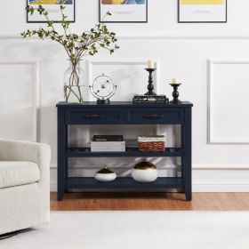 Retro Design Console Table with Two Open Shelves, Pine Solid Wood Frame and Legs for Living Room (Main Color: Navy Blue, Main Material: Wood)
