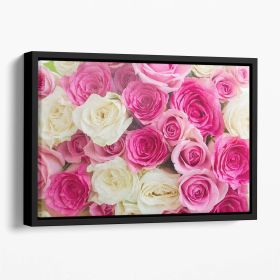Pink and white fresh rose flowers Floating Framed Canvas (Color: Black, size: 36" x 24" / 90cm x 60cm (approx))