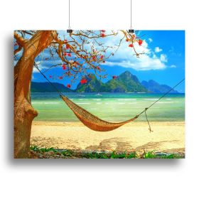 tropical beach scene with hammock Canvas Print or Poster (Type: Standard Framed Canvas Print, size: 40" x 26" / 100cm x 65cm (approx))