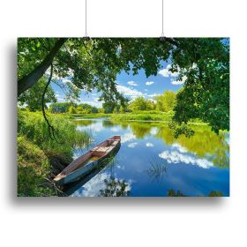 blue sky clouds Narew river boat Canvas Print or Poster (Type: Standard Framed Canvas Print, size: 28" x 20" / 70cm x 50cm (approx))