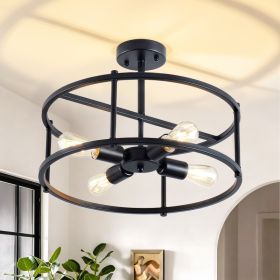 Industrial Semi Flush Mount Ceiling Light,4 Light Rustic Metal Ceiling Light Fixture,Black Farmhouse Chandelier For Kitchen Island Dining Room Ha (Option: Black)