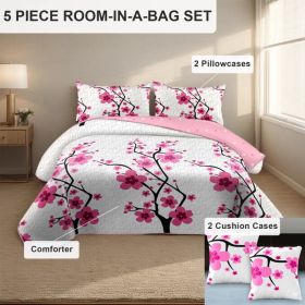 5-Piece Pink Cherry Blossom Bedding Set (Queen/King/Cal King) - Microfiber Quilt + Pillow Shams (Option: pink mei flower-QUEEN)