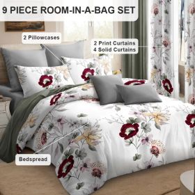 9-Piece Sage Green Watercolor Floral Bedding & Curtain Set (Queen/King/Cal King) - Quilted Microfiber Bedspread + Sheer Curtains (Option: Green/White Flowers-CAL KING)