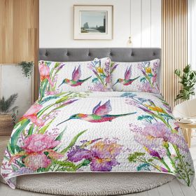 Watercolor Hummingbird Flowers Pattern Quilt Set -1 Quilt, 2 Shams (Option: KING)
