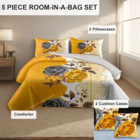 5-Piece Gold & Gray Floral Bedding Set (Queen/King/Cal King) - Microfiber Quilt + Pillow Shams (Option: Yellow Blossom-KING)